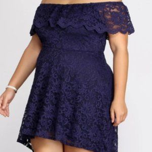 Navy Blue Skater Dress Hi-Low Off Shoulder